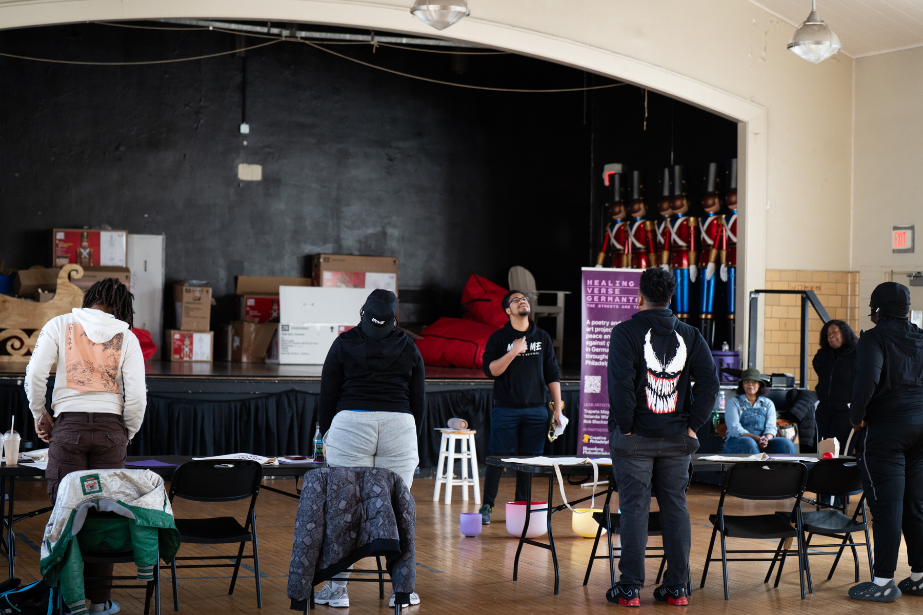 Grounding activity during Youth Poetry Workshop at Lonnie Young Recreation Center. Photo courtesy Terrell Halsey / Embassy Interactive.