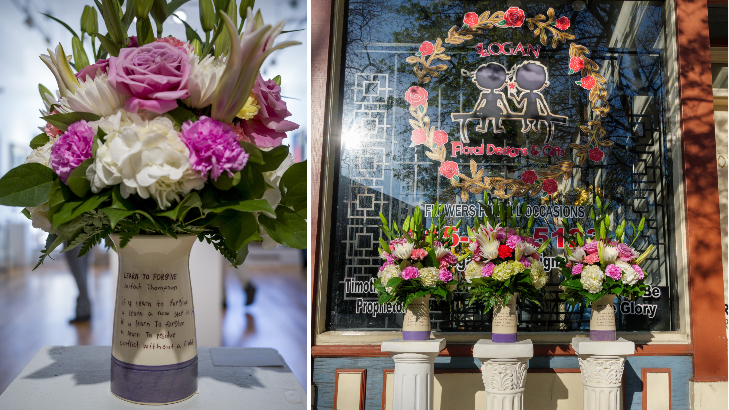 “Learn to Forgive" by Jaifah Thompson. Floral Arrangement: Logan Floral Designs & Gifts. Ceramic Vase: Rebel Potters. Photo: Lori Waselchuk / Courtesy Bloomberg Philanthropies (left); Daniel Jackson / Embassy Interactive (right)