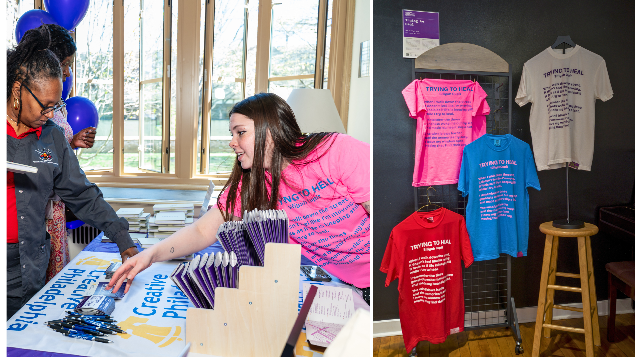 "Trying to Heal" by Sifiyah Cupit. Visual Artist: M Slater. Photo:  Daniel Jackson / Embassy Interactive (left); Lori Waselchuk / Courtesy Bloomberg Philanthropies (right)